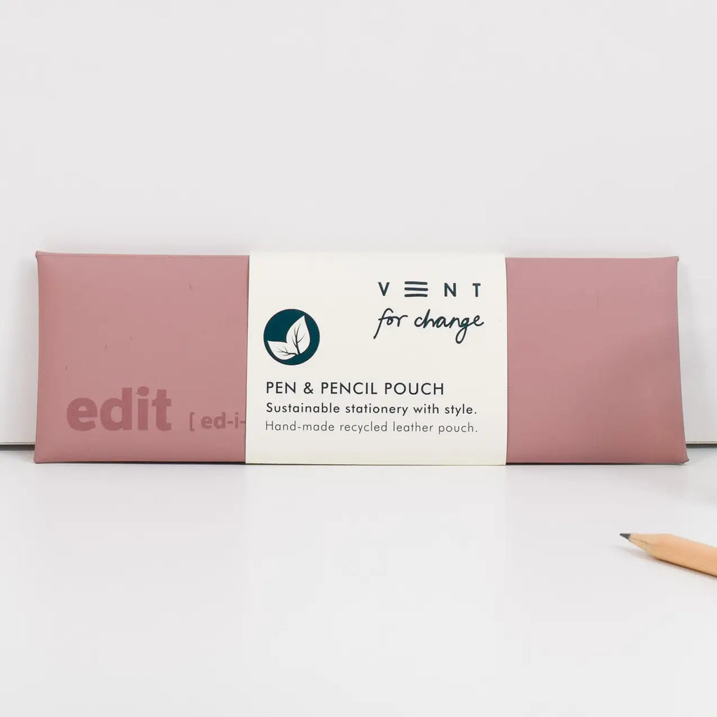 Powder Pink recycled leather pen and pencil case with debossed lettering and a white paper sleeve