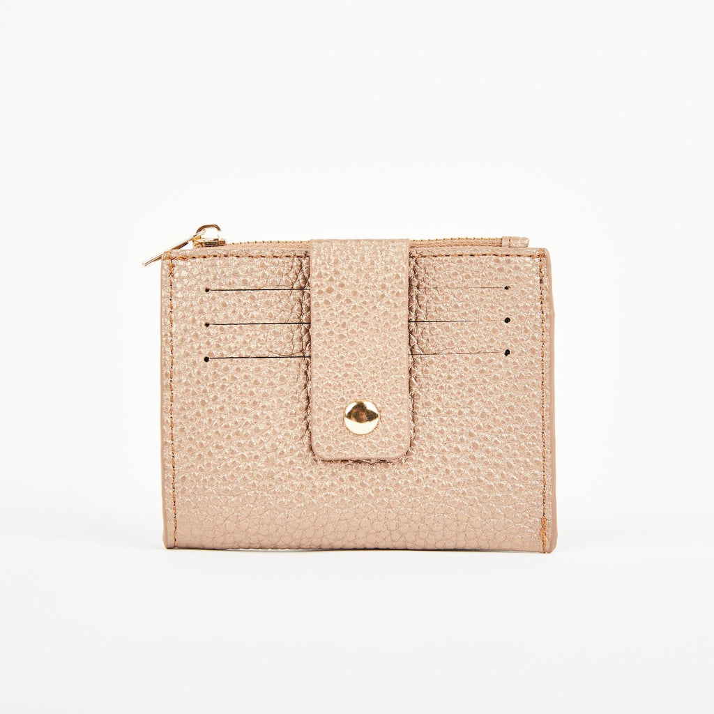 Rose gold Pearl Duo purse with front card slots, a press-stud security tab and gold-tone zip