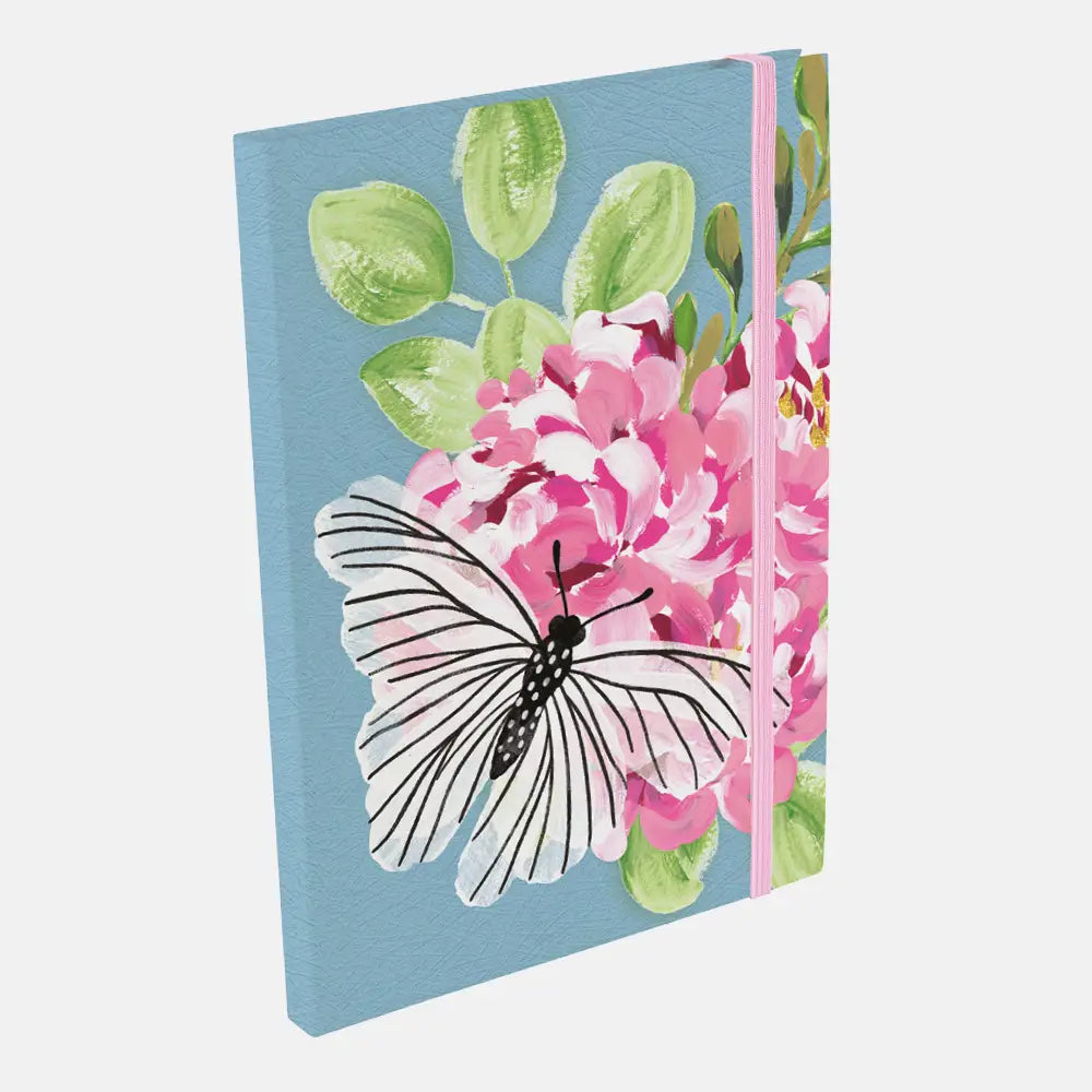 Notebook with a butterfly and floral design on a blue background