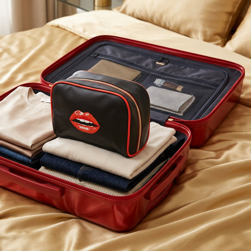 A black cosmetic pouch featuring a graphic of red lips with white teeth on the front, accented with bright orange piping and a gold zipper.