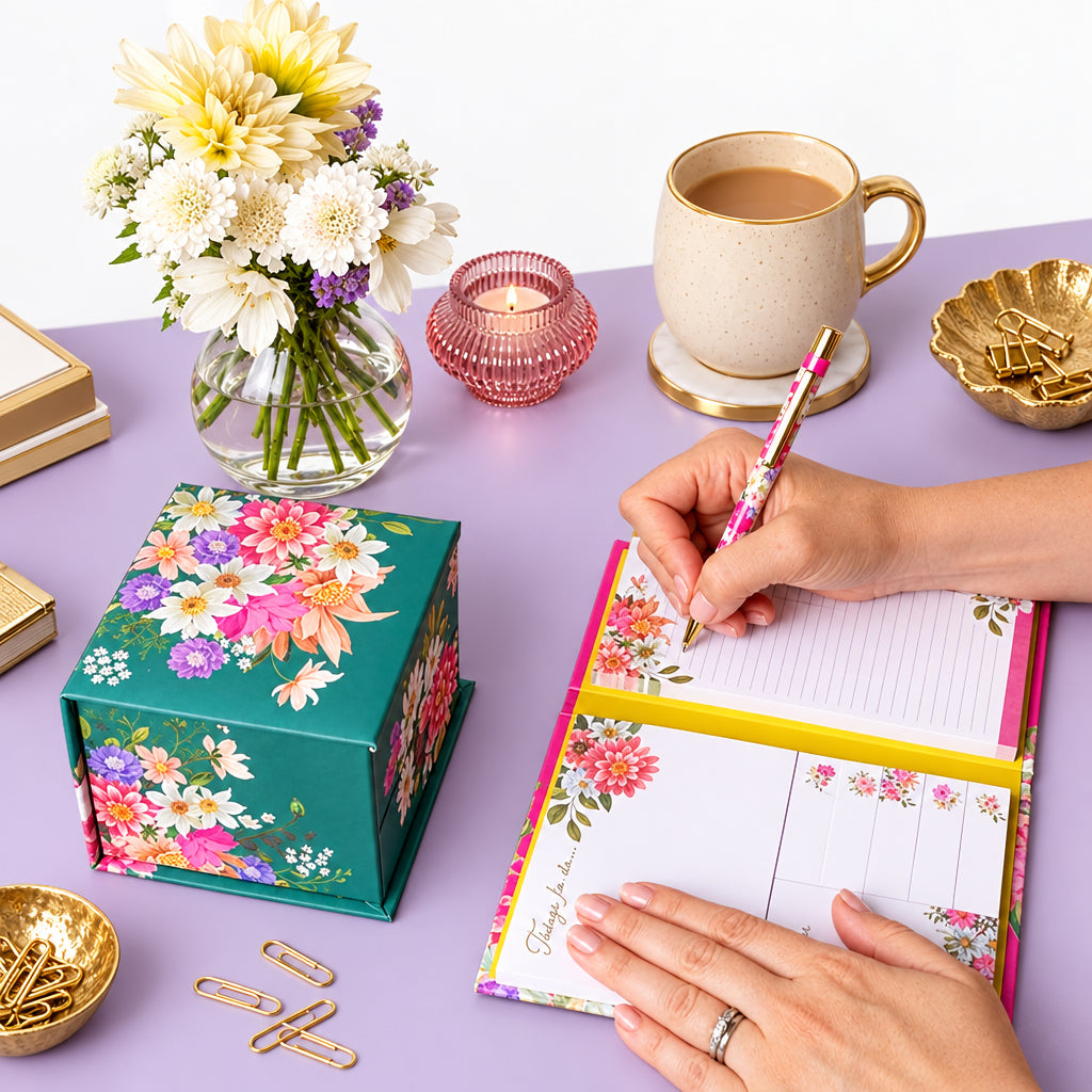 A person's hands are shown writing in a floral planner or notepad on a wooden desk, alongside a matching floral gift box, a mug of coffee, and a vase of flowers.
