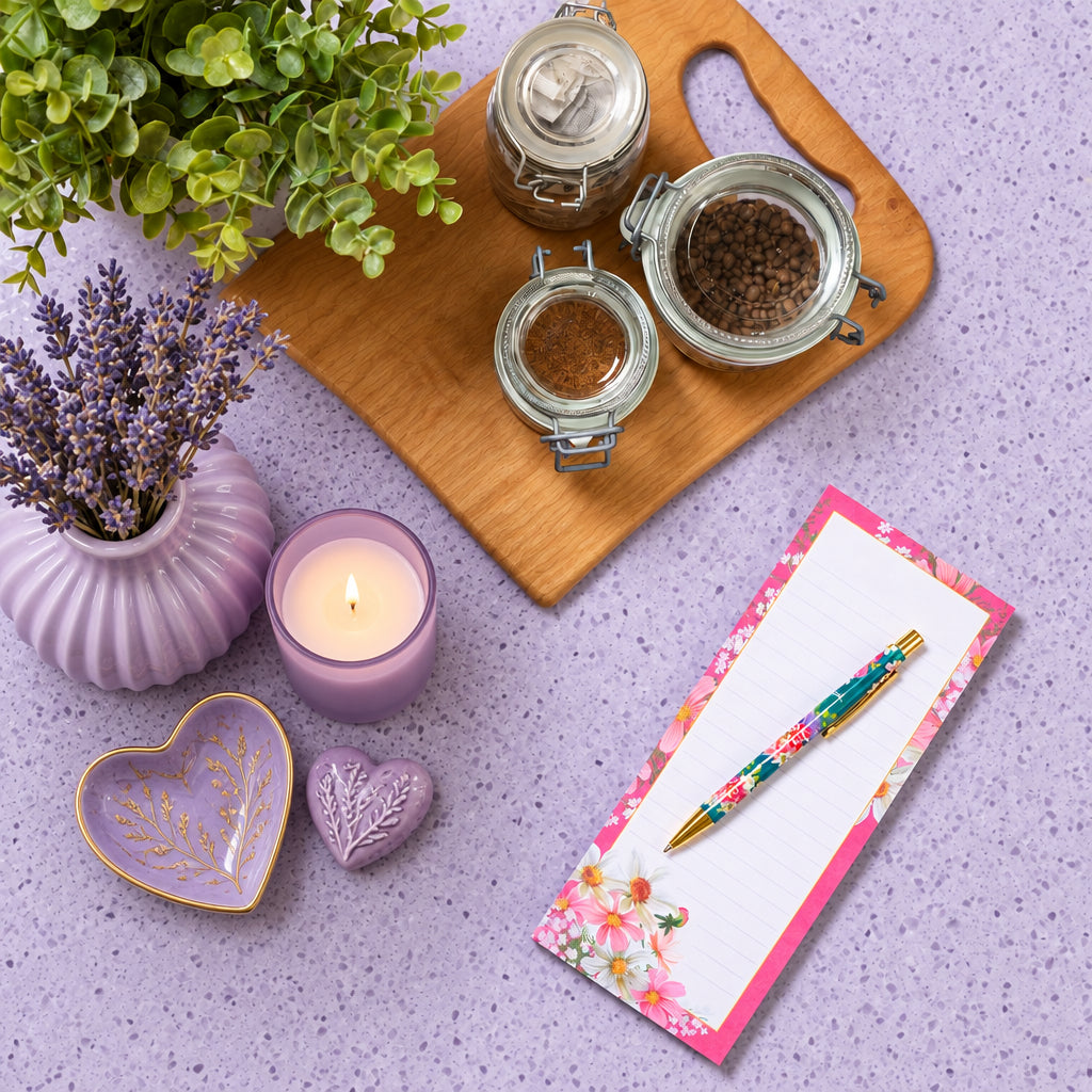 A floral-patterned pen resting on a pink-and-white notepad, arranged on a speckled countertop with a wooden bowl of fruit, oranges, glass jars, and a plant.