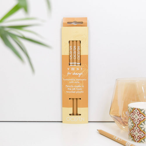 Sandy yellow pencils in a yellow presentation sleeve, displayed beside a plant and desk accessories