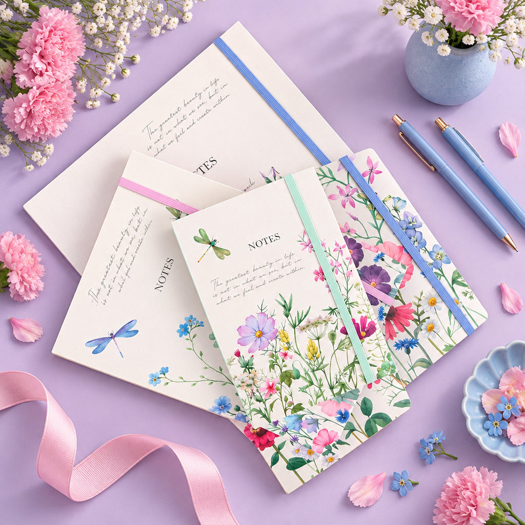 Set of floral stationery items on a wooden surface