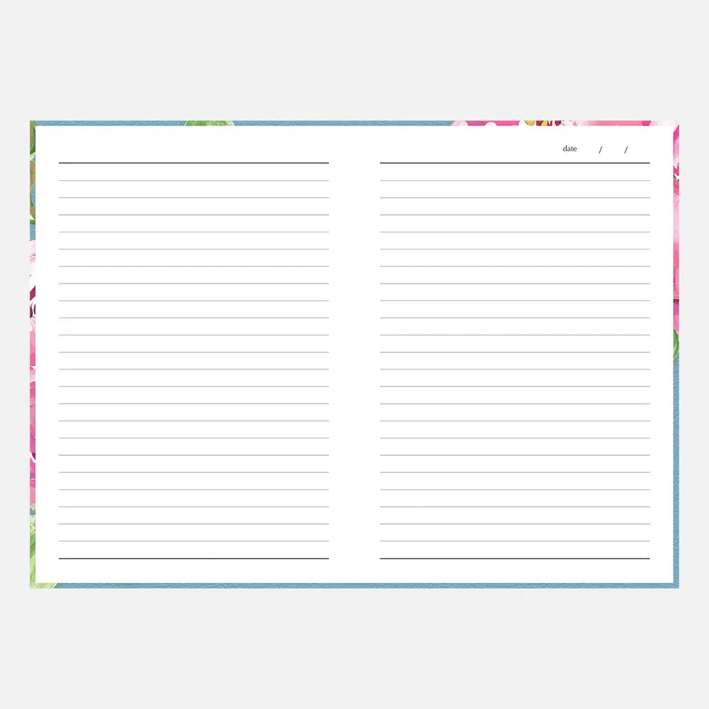 A double-column lined notepad page with a pastel floral border in pink, green, and blue, shown on a light gray background.