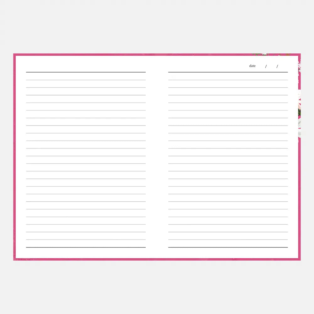 A lined journal page with a thin pink border, featuring two columns of writing space and a date line at the top right, shown on a light gray background.