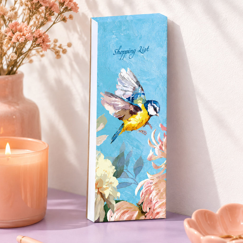 Decorative product with a bird illustration on a blue background