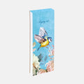 A tall, narrow shopping list card featuring a watercolor illustration of a bluebird in flight among pastel flowers on a light blue background, with the words 'Shopping List' printed at the top.