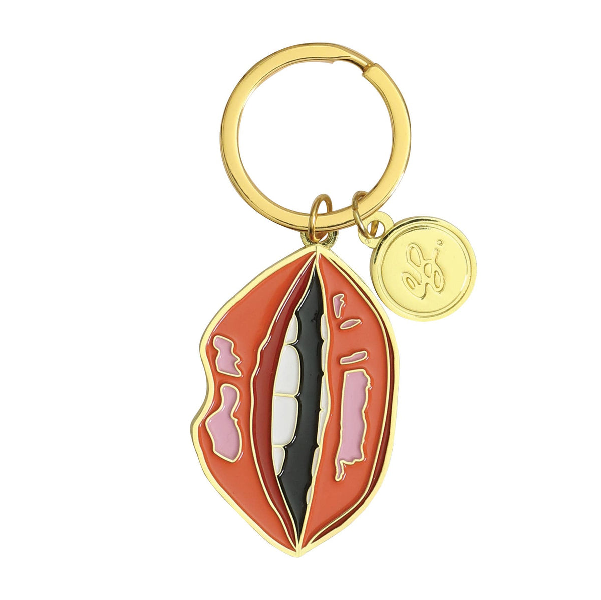 Keychain with lip design and gold ring on a white background