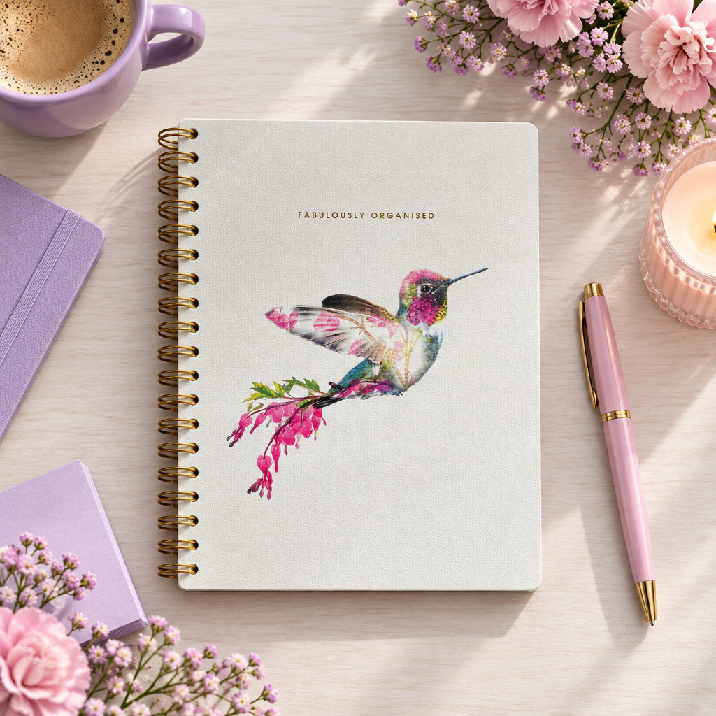 Botanical Hummingbird B5 spiral organiser notebook.
