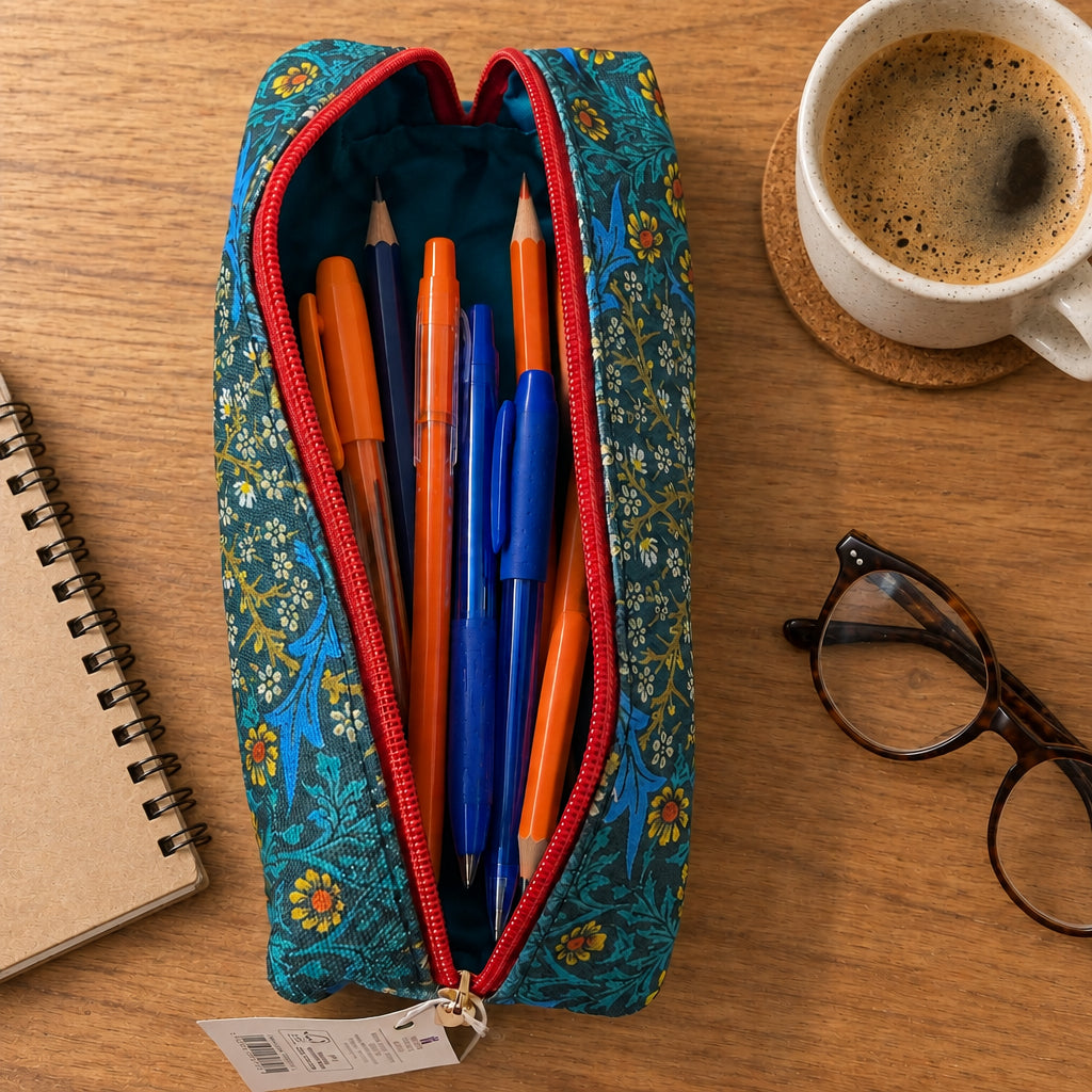 A zippered cosmetic pouch with a teal and blue floral patterned exterior, a bright red zipper, and a solid teal interior, shown open on a light background with a product tag attached