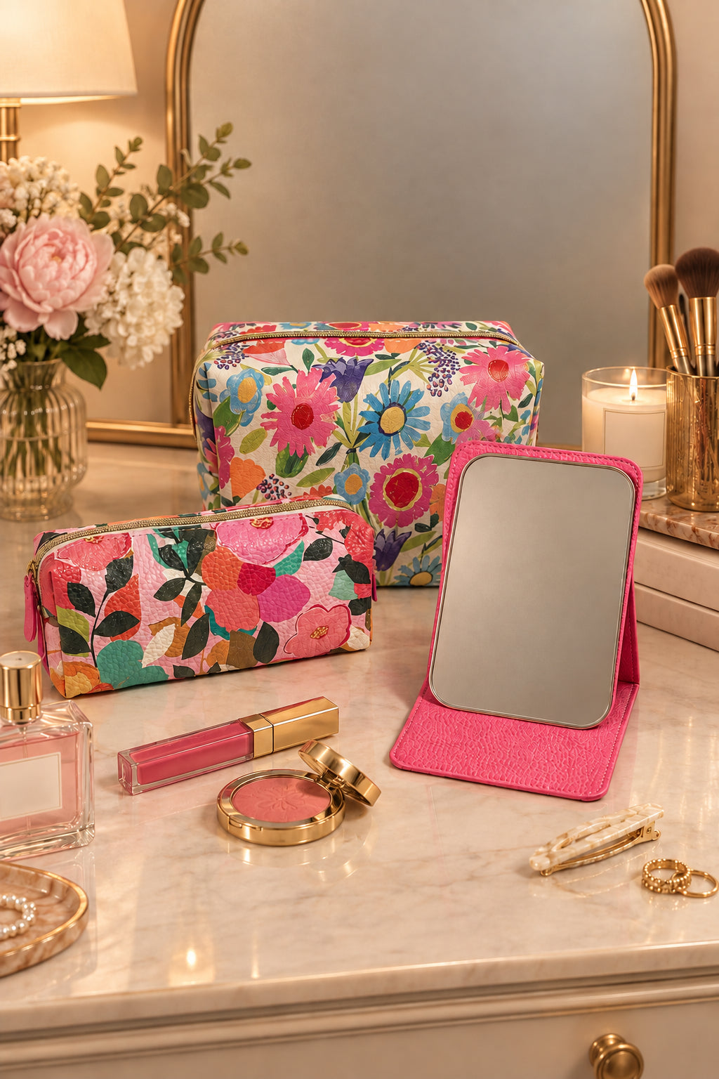 Three floral cosmetic pouches in pink, orange, and multicolor tones, alongside a bright travel mirror  showing the inner being a pink colour displayed on a white surface