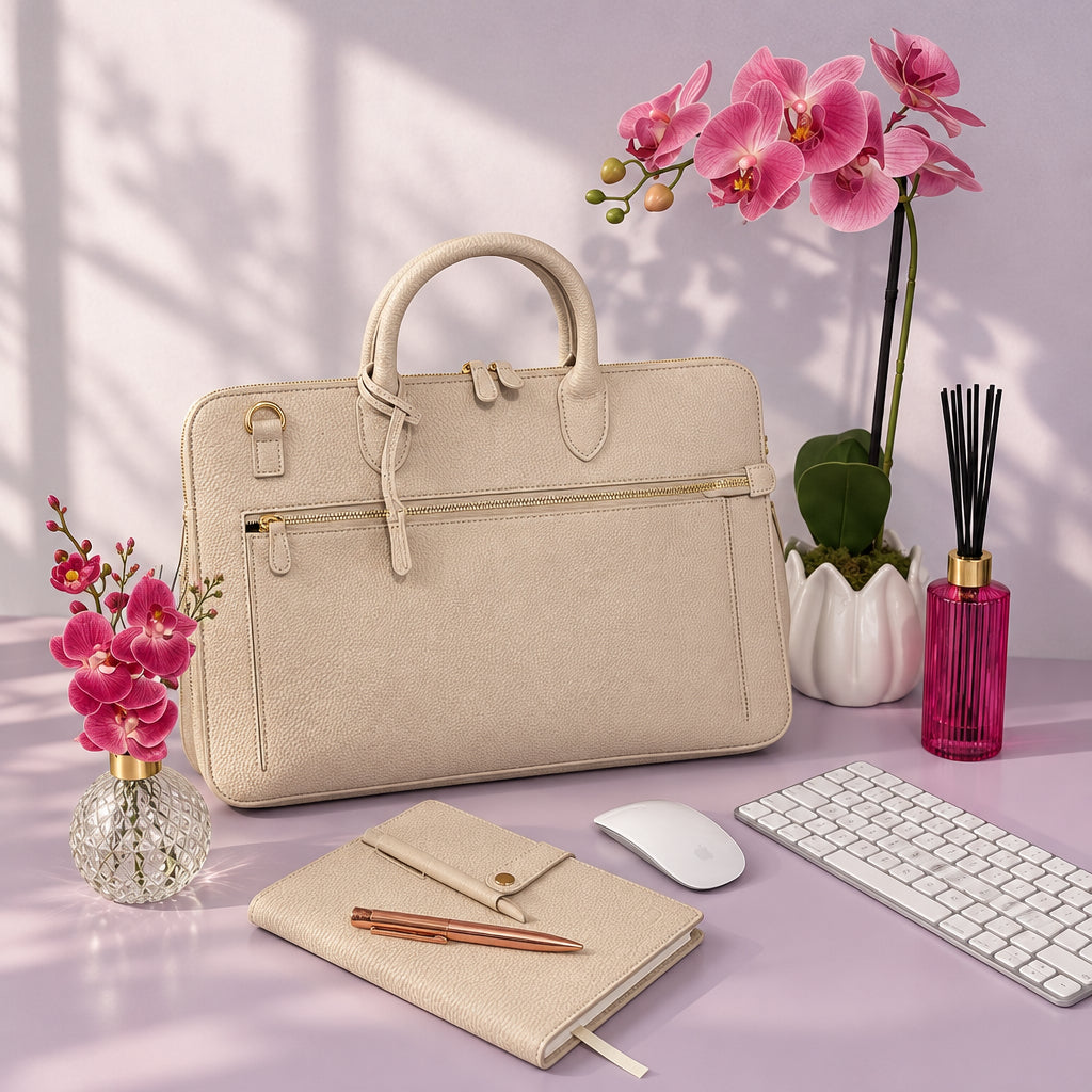 Nude A5 notebook with a rose-gold pen on its cover, styled on a lilac desk beside a matching laptop bag, white keyboard and pink orchids