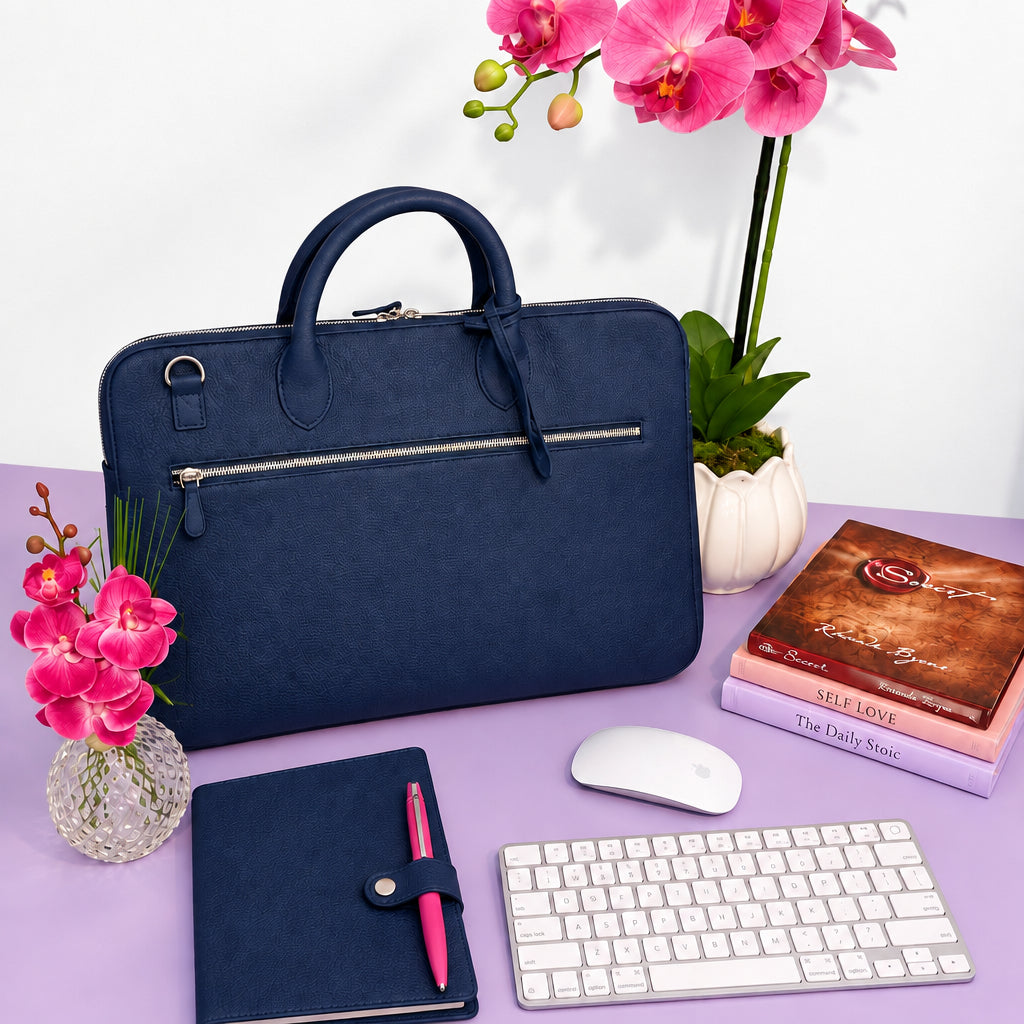 A navy blue leather briefcase with a silver zipper and top handle, styled on a white desk alongside a keyboard, mouse, notebook, and pink orchids.