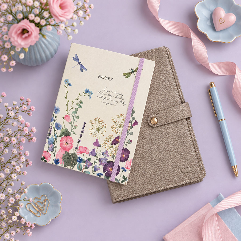 A floral notebook with a pink elastic band resting on a textured taupe leather notebook cover, placed on a light gray surface.