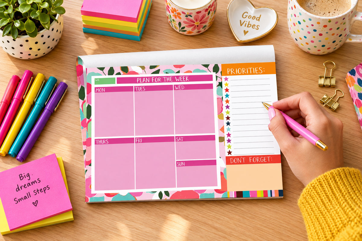 A weekly planner desk pad with a colorful floral border, featuring sections for 'Plan for the Week' and a 'Priorities' list on a white background.