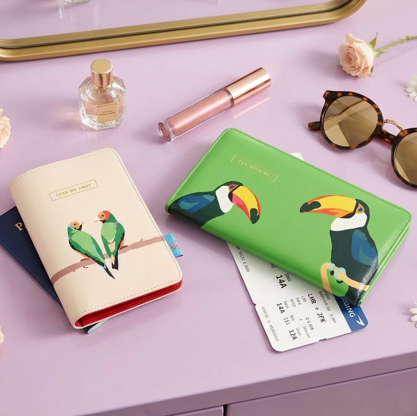 A two-piece travel set from Kate and Jack, featuring a light beige passport cover with a green parrot illustration and a bright green wallet with a toucan illustration, displayed on a clean white background.