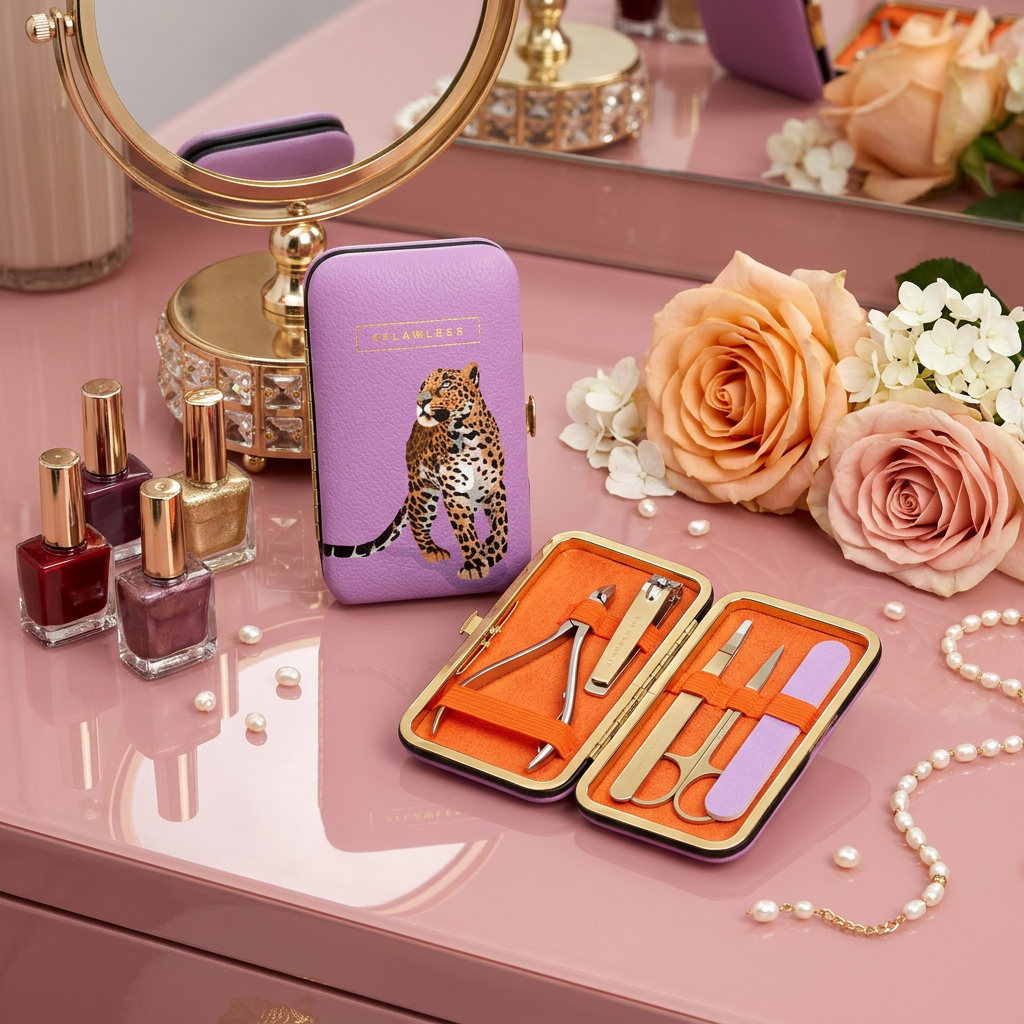 A manicure and pedicure set in a gold-tone case with a purple cover featuring a leopard illustration. The set includes metal nail clippers, cuticle tools, nail file, and a purple nail polish bottle, shown both closed and open on a white background.