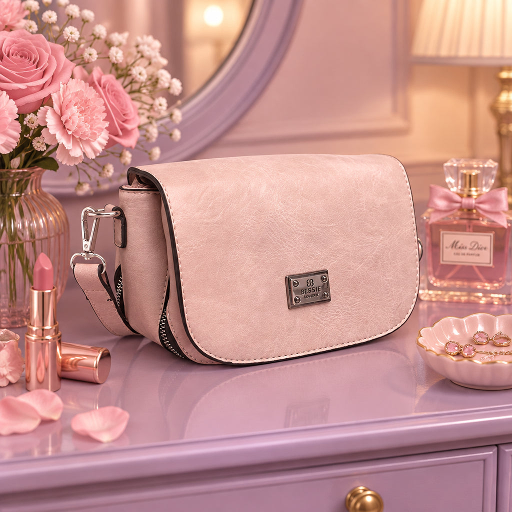 Pink handbag with a visible brand logo on a white background