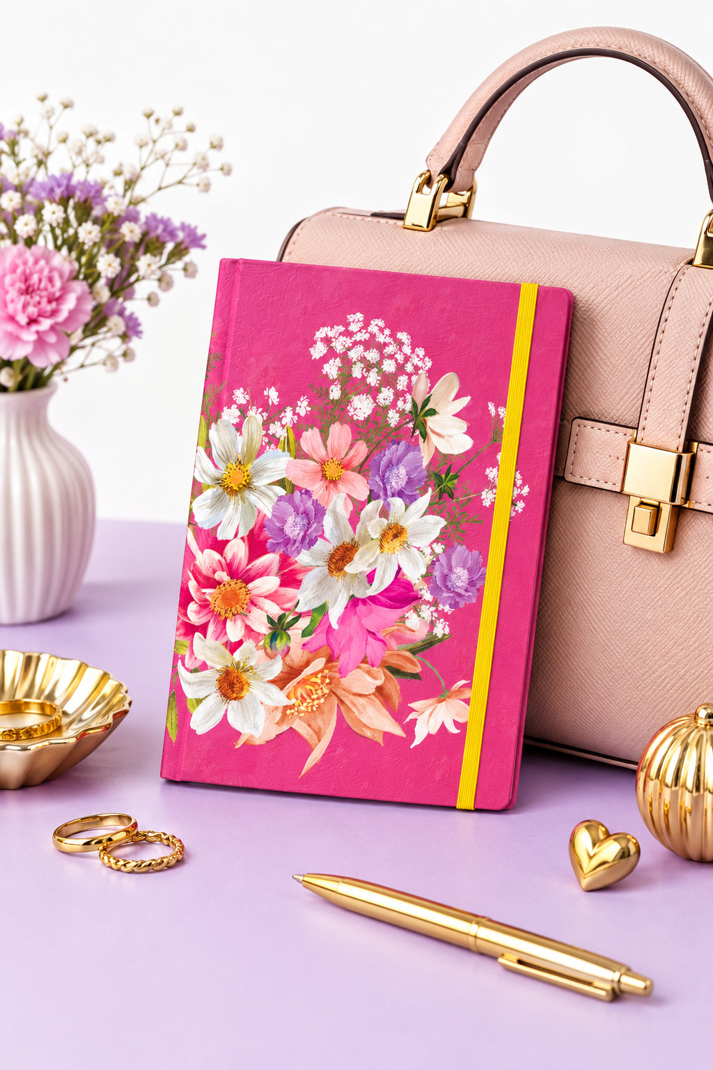 Floral notebook with a pink cover on a white background