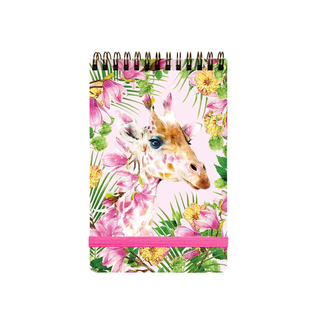 A spiral-bound notebook featuring a watercolor-style giraffe surrounded by pink flowers and green leaves on a pale pink background, with a bright pink elastic closure band.