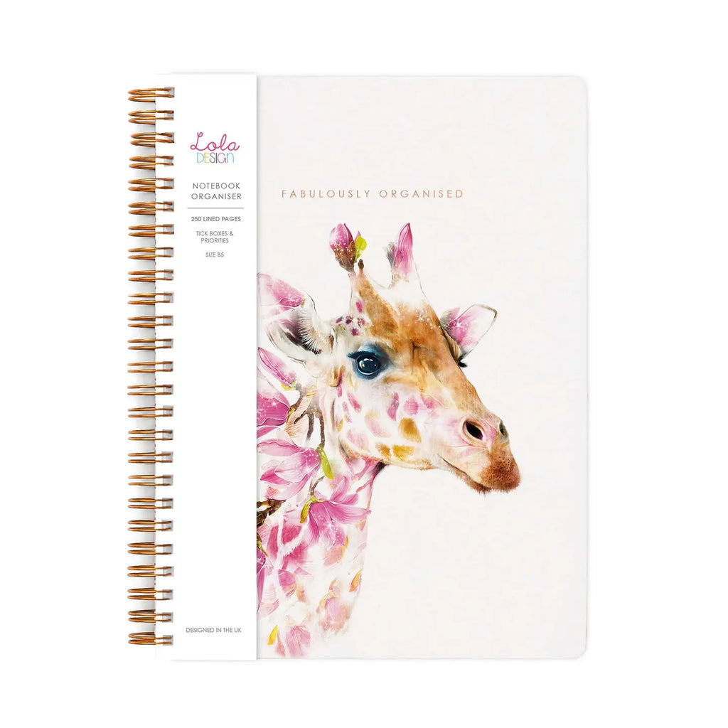 Spiral-bound notebook with a white cover featuring a watercolour giraffe illustration decorated with pink flowers.