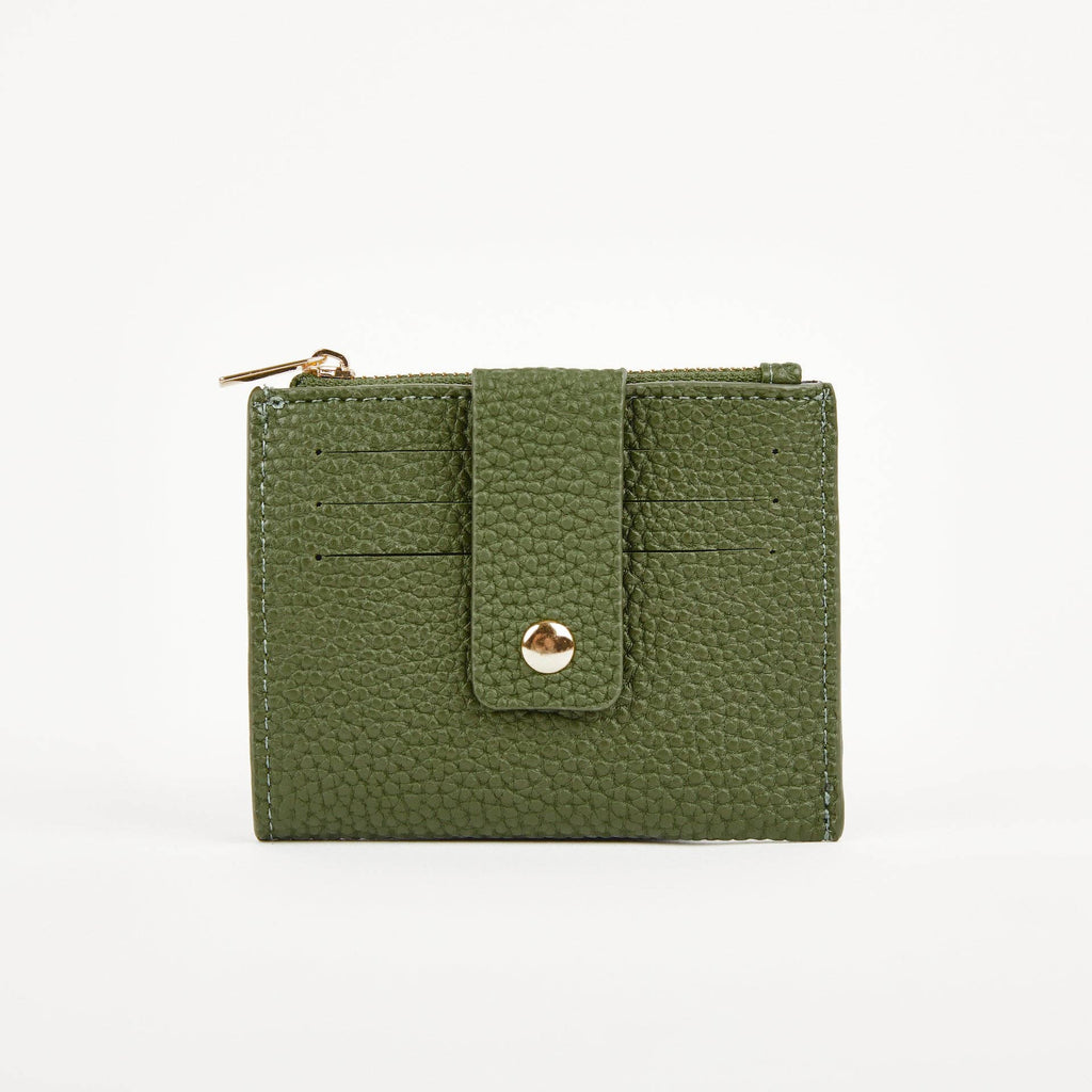 Olive green Pearl Duo purse with front card slots, a press-stud security tab and gold-tone zip