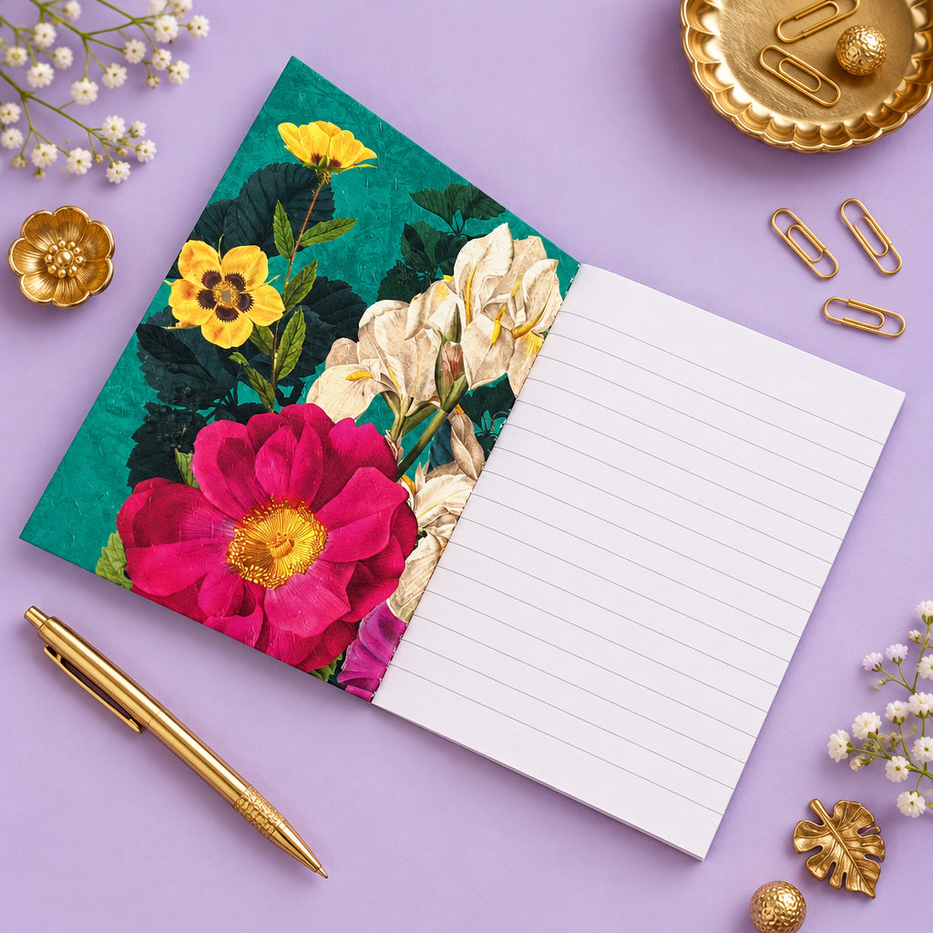 A floral notepad with a colorful cover featuring a large pink flower, yellow blossoms, and white flowers on a teal background, shown open to reveal lined white paper pages.
