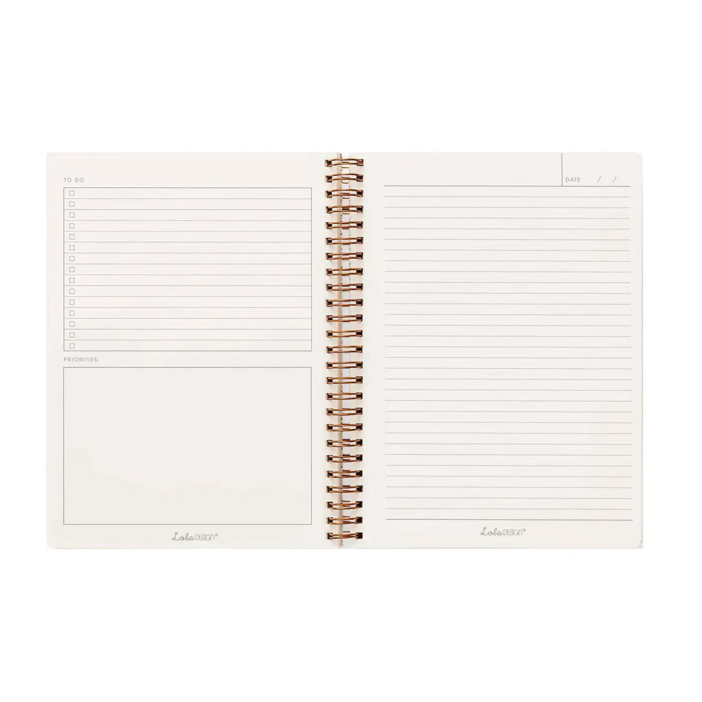 An open spiral-bound planner or notebook with lined pages and blank boxes on a plain white background.
