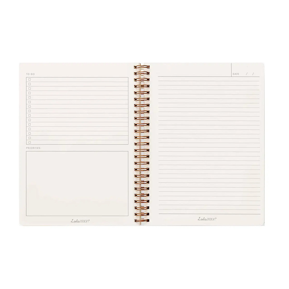 An open spiral-bound planner or notebook with lined pages and blank boxes on a plain white background.