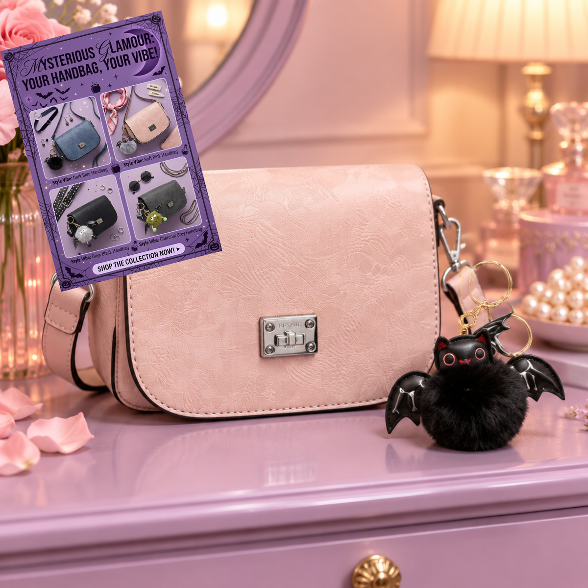 Pink crossbody saddle bag beside a black plush bat key charm, with an inset showing four bag colours and assorted Halloween charms