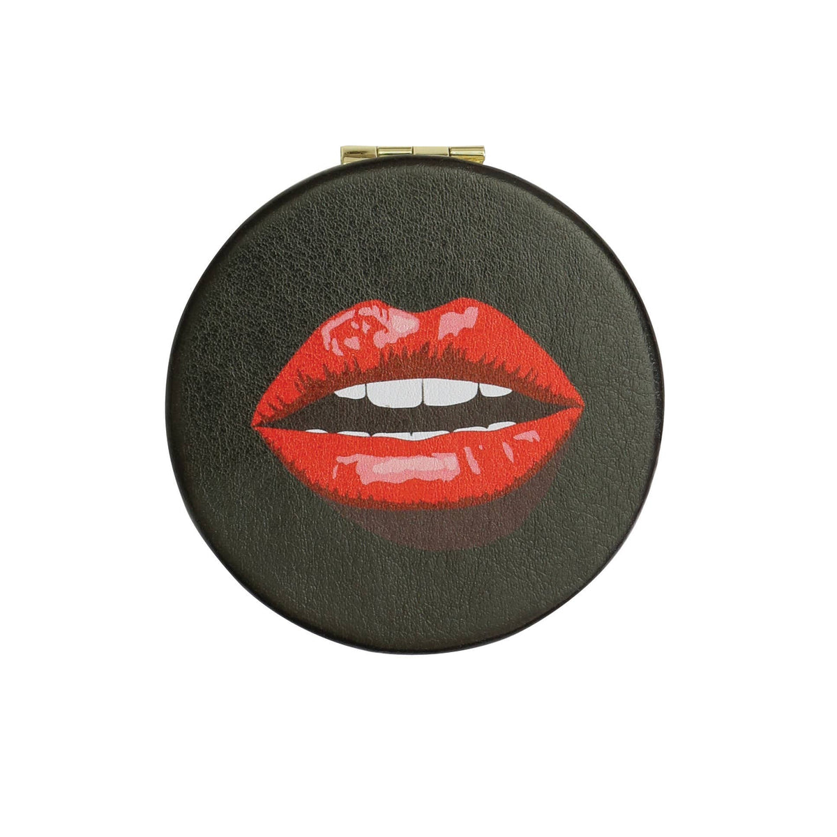 A round black leather compact case featuring a graphic illustration of red lips with white teeth, shown against a plain white background.