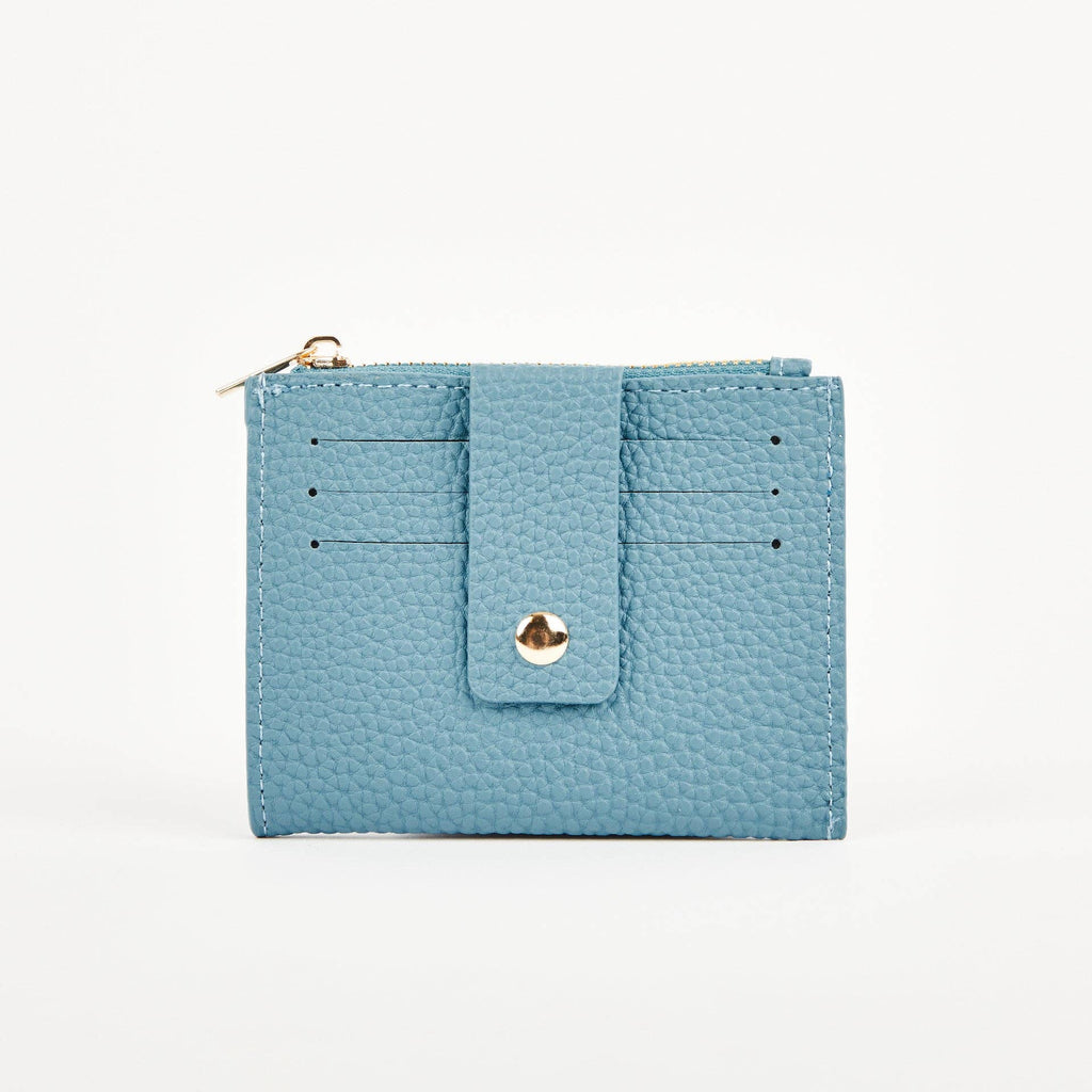 Teal Pearl Duo purse with front card slots, a press-stud security tab and gold-tone zip