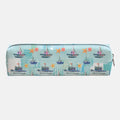 A rectangular zippered pencil case featuring a colorful nautical pattern of sailboats, starfish, and suns on a light blue background, shown against a plain light gray studio backdrop.