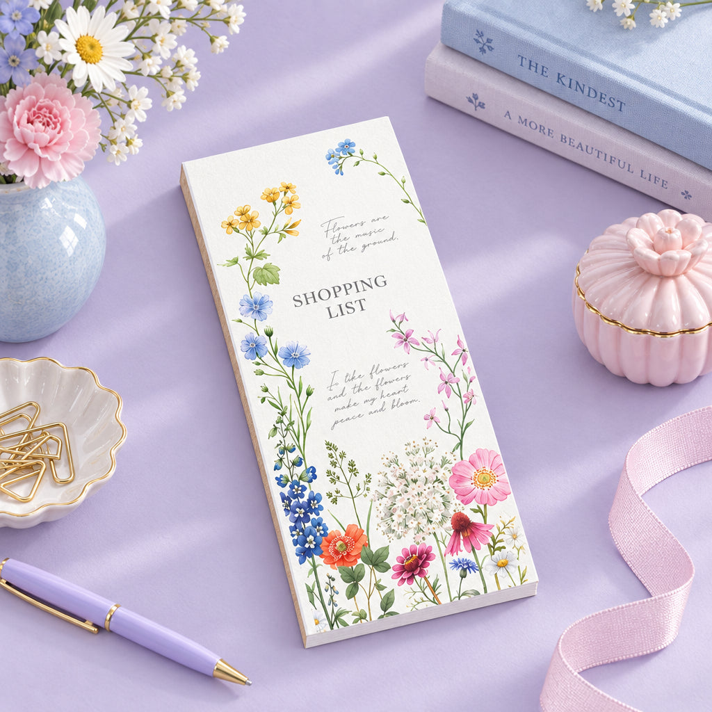Floral-themed shopping list on a white background