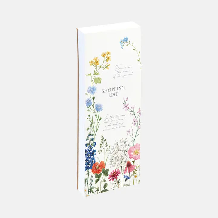 Floral-themed shopping list on a white background