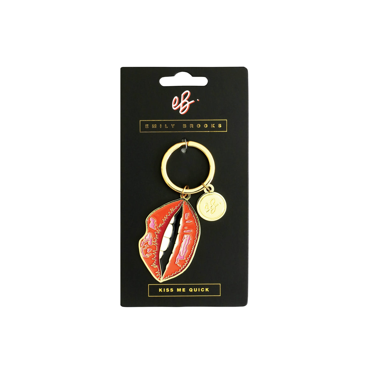 Keychain with lip design on a black card with 'Emily Brooks' branding
