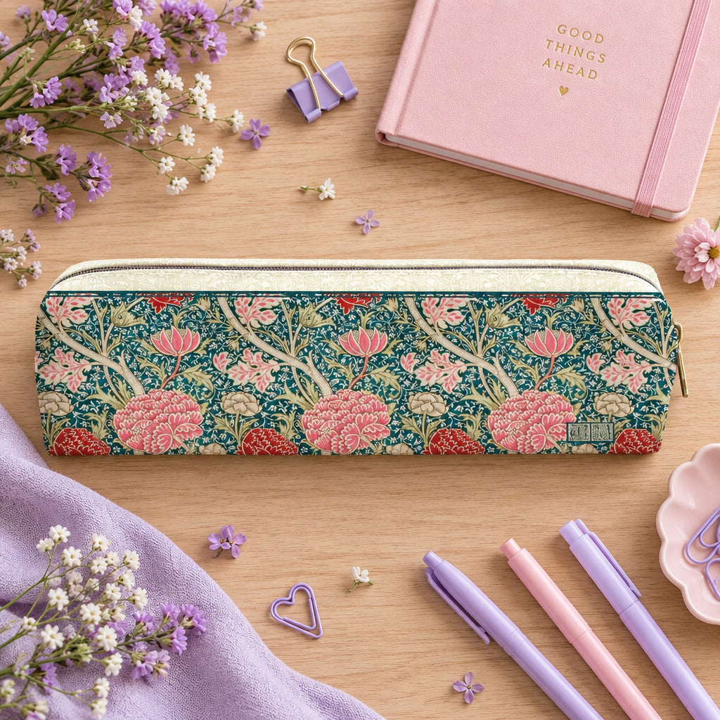 Heritage floral sage canvas pencil case.