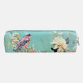 A rectangular zippered pouch with a watercolor-style print of a bird perched on a branch with white flowers and a large cream flower on a mint green background, shown against a light gray studio backdrop.