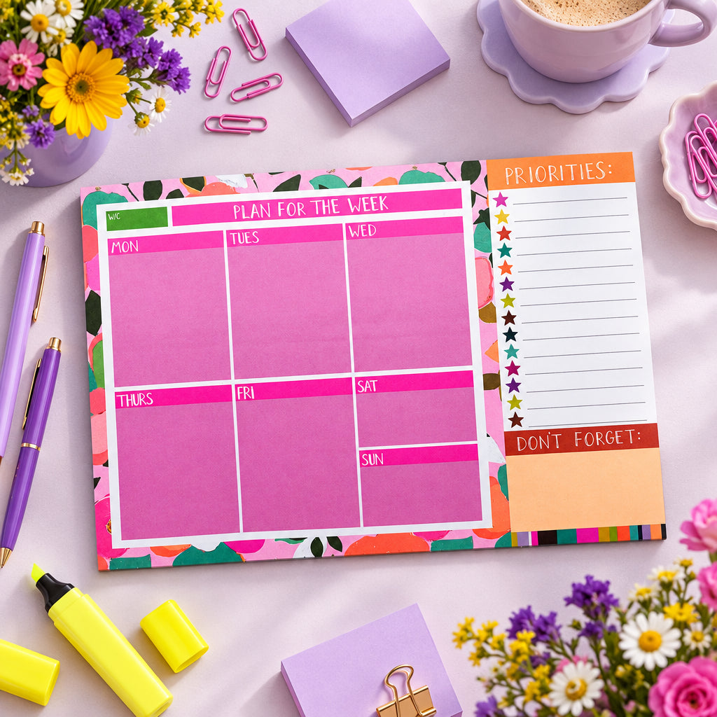 A weekly planner desk pad with a colorful abstract pattern border, featuring sections for planning the week from Monday to Sunday, a priorities list on the right, and a 'don't forget' section, shown on a neutral gray background.