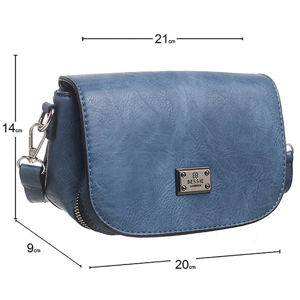 Blue crossbody bag with measurements showing 21 cm across the top, 20 cm across the base, 14 cm high and 9 cm deep.