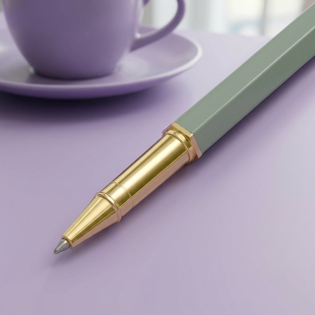 Pen with gold accents on a lilac desk with a lilac teacup in the background