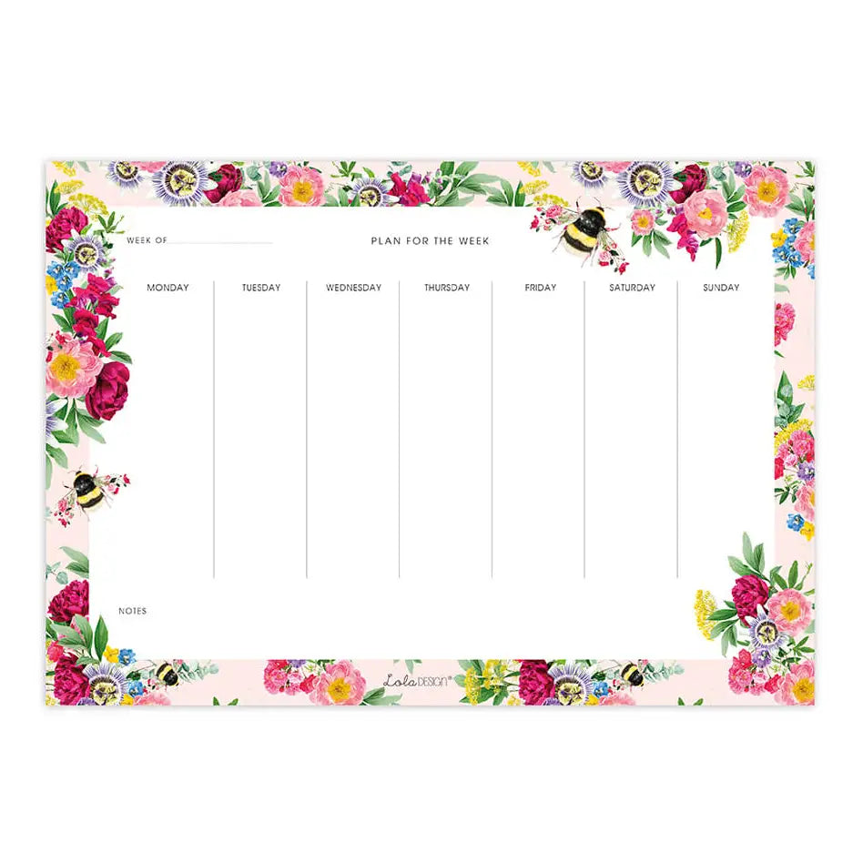 A weekly planner pad with a colorful floral border and bee illustrations, featuring sections for planning from Monday to Sunday with a notes area at the bottom.