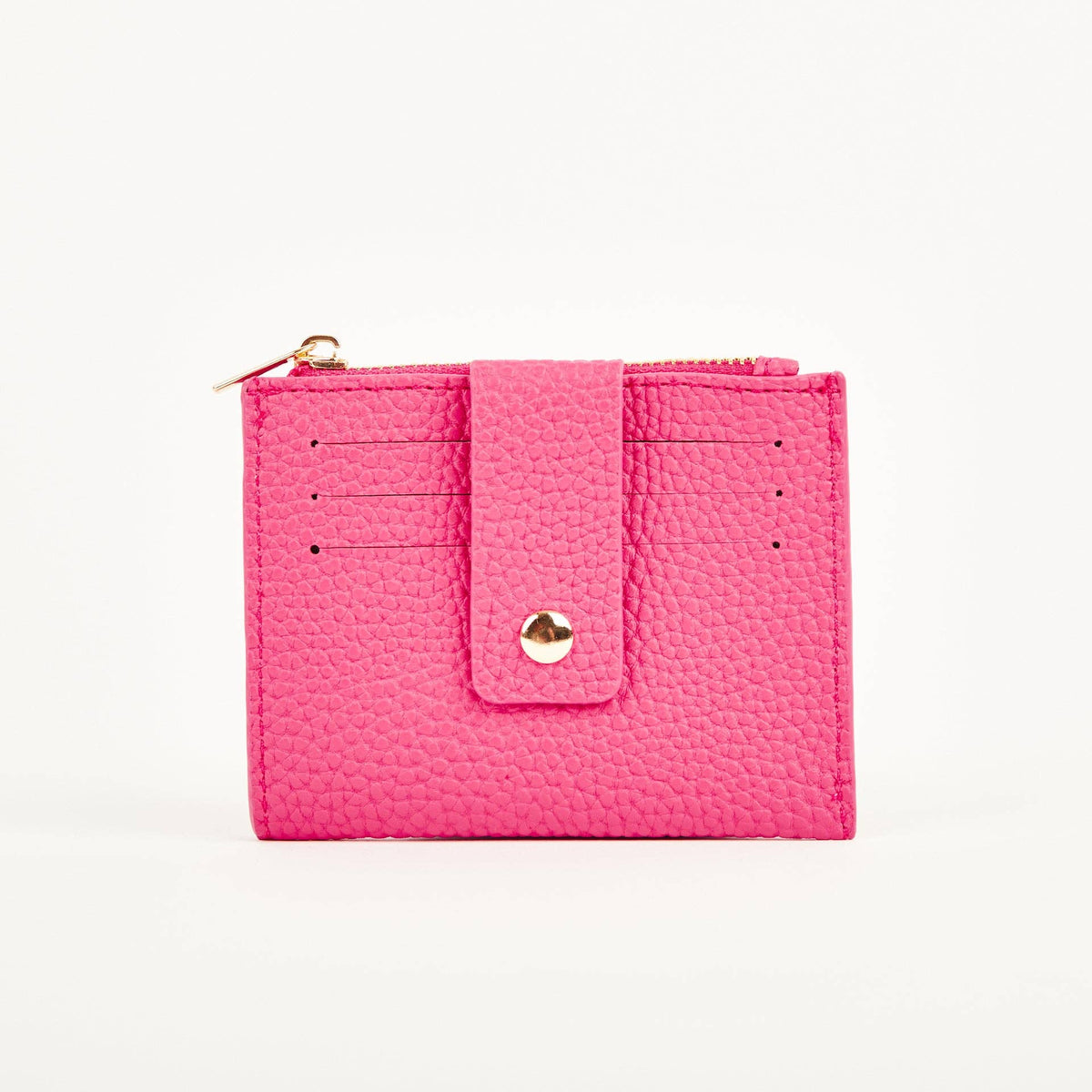 Magenta Pearl Duo purse with front card slots, a press-stud security tab and gold-tone zip