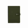 Olive green A5 notebook with a textured cover and matching strap with a silver-tone snap-button closure, on a white background.