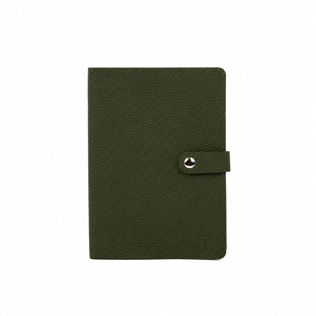 Olive green A5 notebook with a textured cover and matching strap with a silver-tone snap-button closure, on a white background.