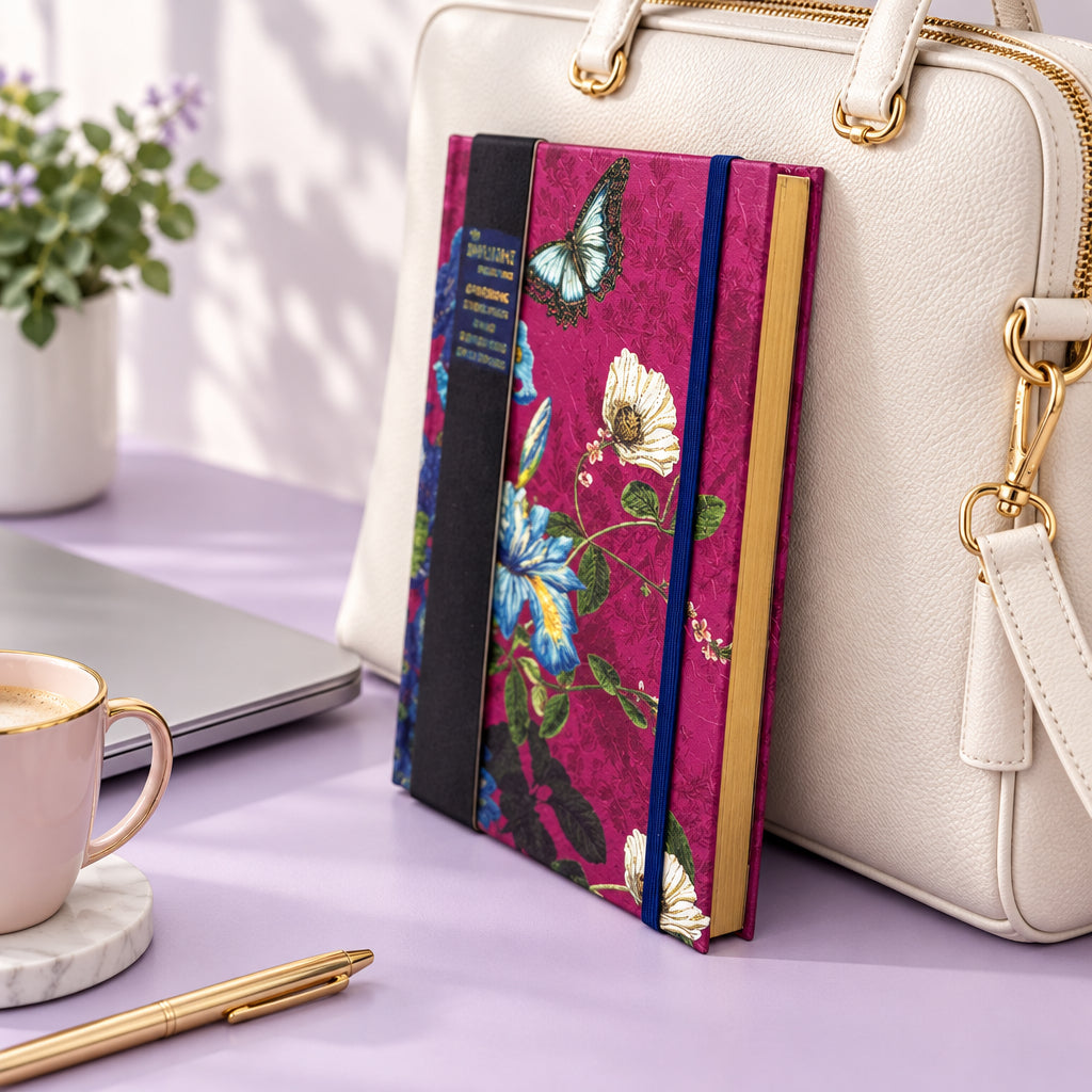 A hardcover journal standing upright at a slight angle, featuring a magenta floral and butterfly patterned cover with a black spine band and visible gold-toned page edges.
