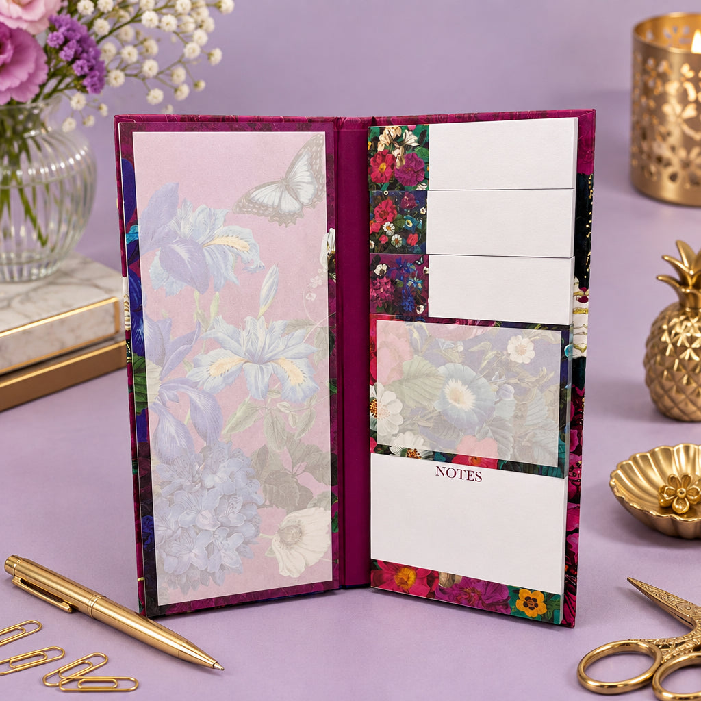 A floral notebook or planner organizer shown open, featuring a pink floral cover, butterfly print, patterned floral borders, white page sections, and a notes page on a neutral gray background.