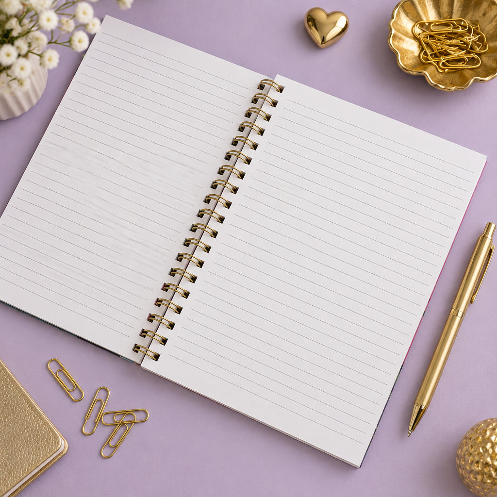 Open Botanist Collection B5 spiral notebook with lined pages and gold-tone wire binding, styled on a lilac surface with gold-tone stationery and white flowers.