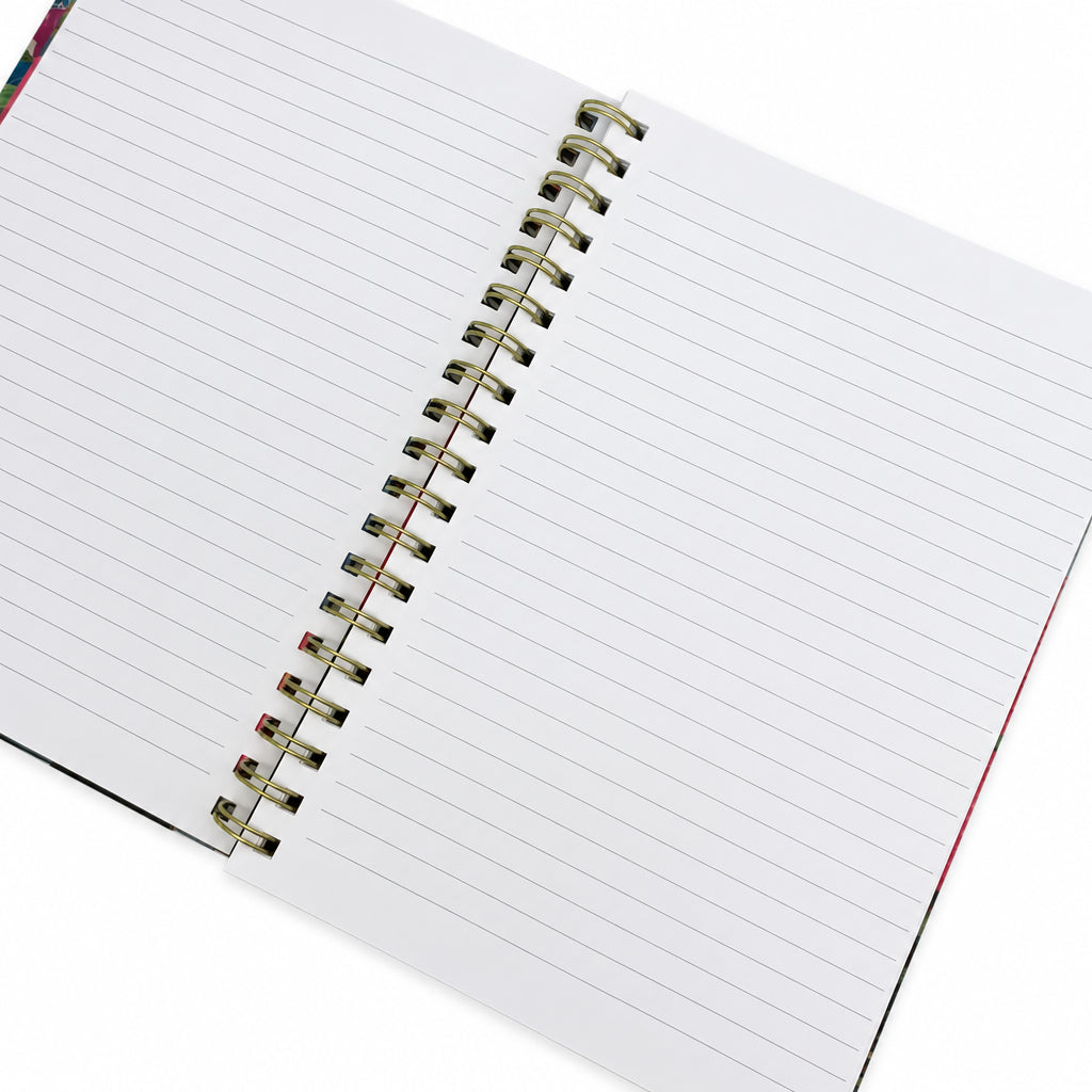 Open Botanist Collection B5 spiral notebook showing lined white pages and gold-tone wire binding on a white background.